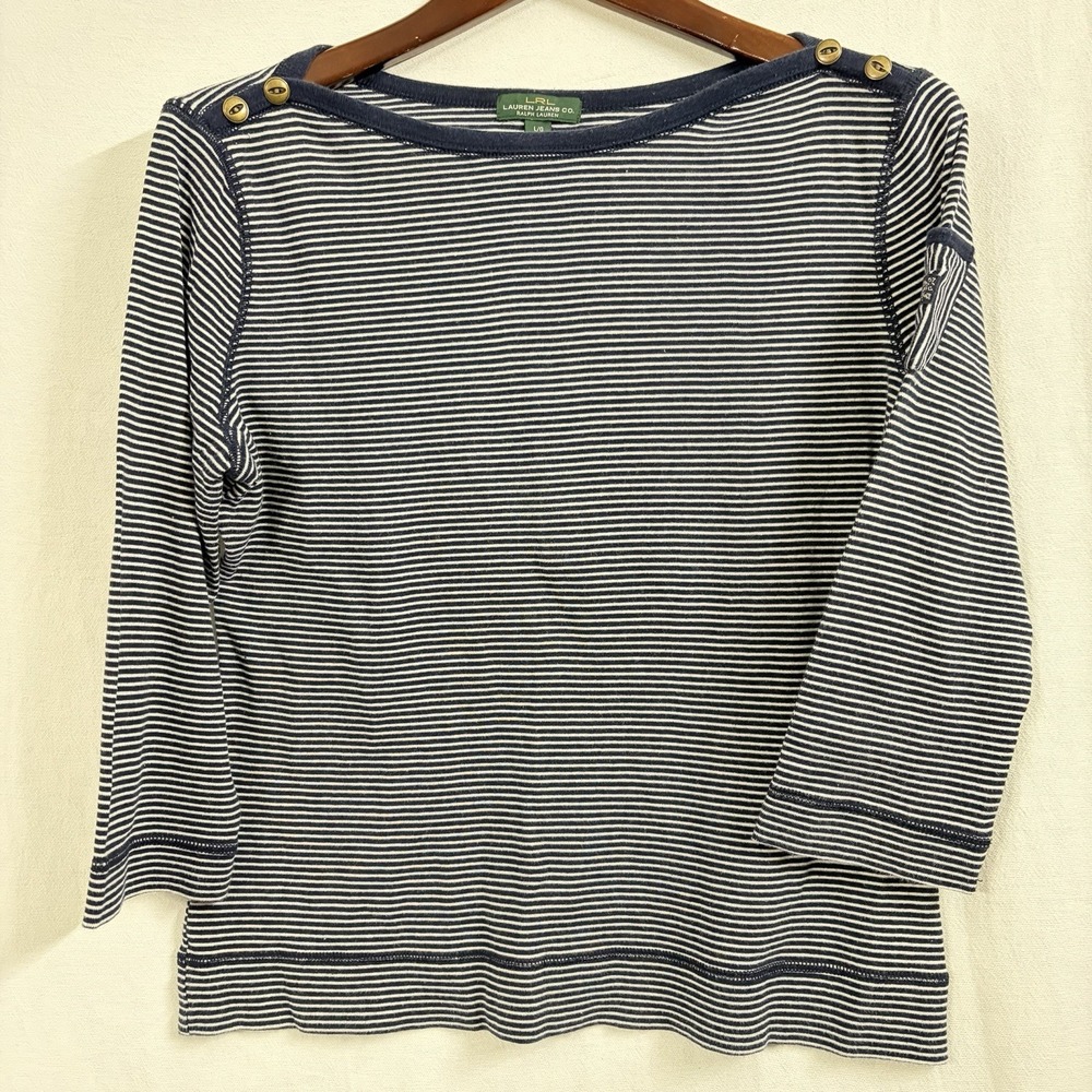 Lauren Ralph Lauren Blouse Women's LargeWhite Navy Blue Striped Round NeckCotton